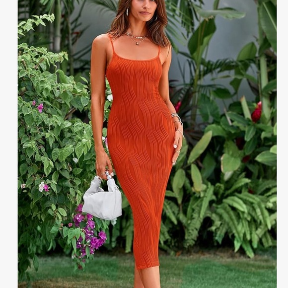 orange Spaghetti Strap Sleeveless textured Party Tight Fitted Dresses - Picture 2 of 7